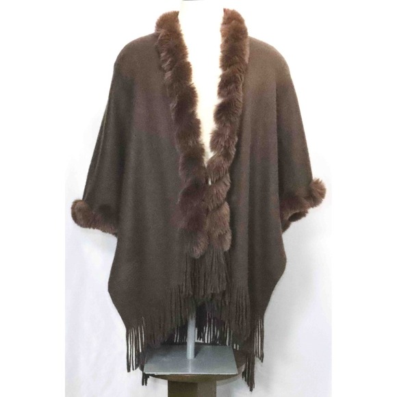 NWT Vince Camuto Faux Fir Trim Chocolate Brown Shawl Wrap Womens One Size - Picture 1 of 6